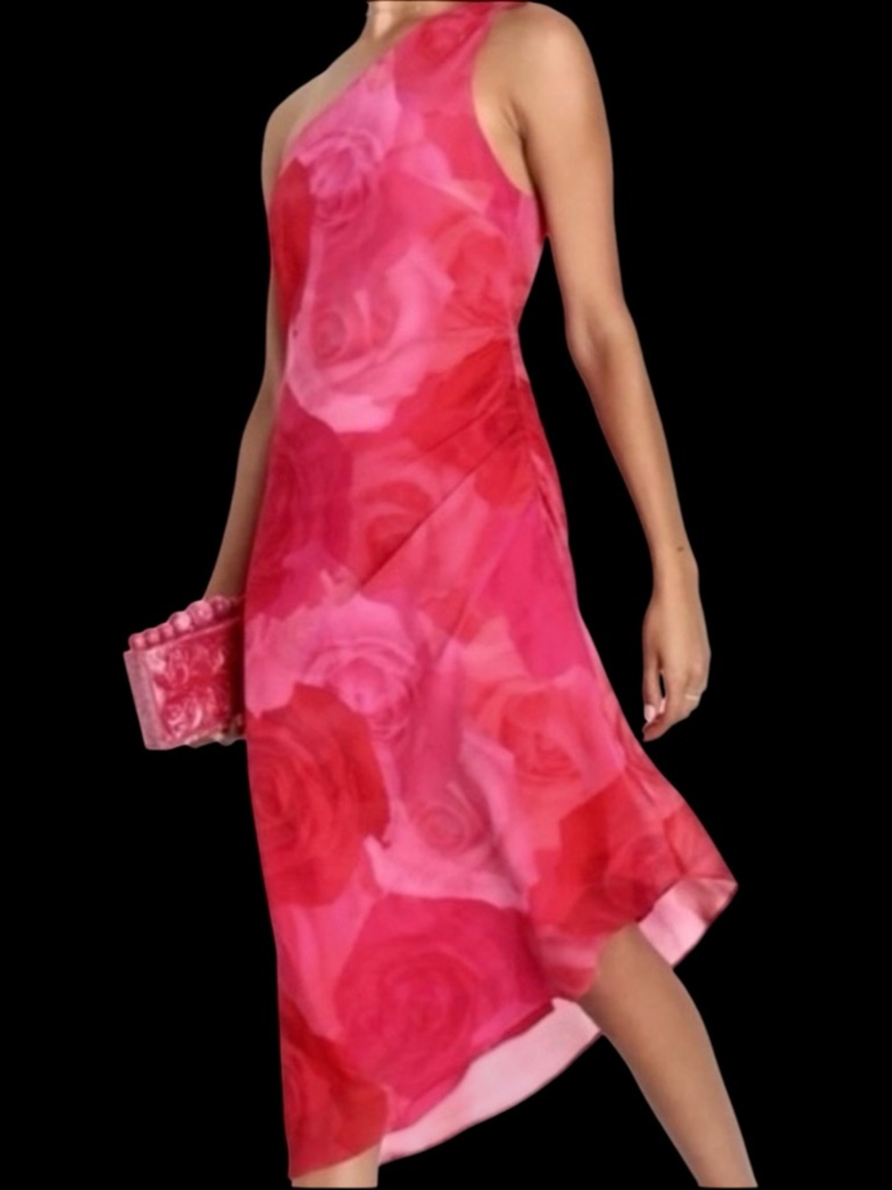 Lulus Pretty Serene Pink Floral One-Shoulder Asymmetrical Midi Dress NWT